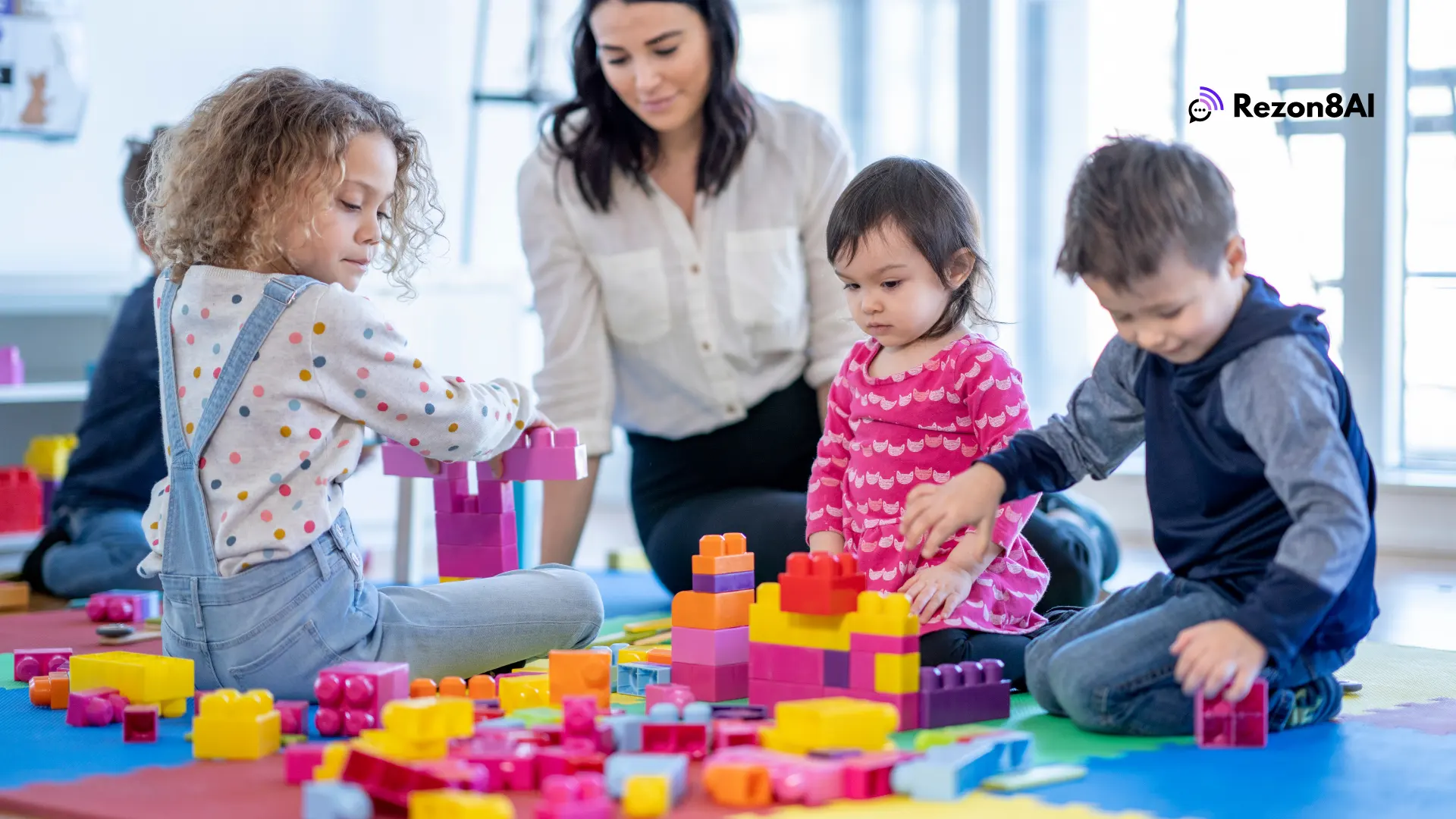 Children and carer in a childcare setting playing with building blocks