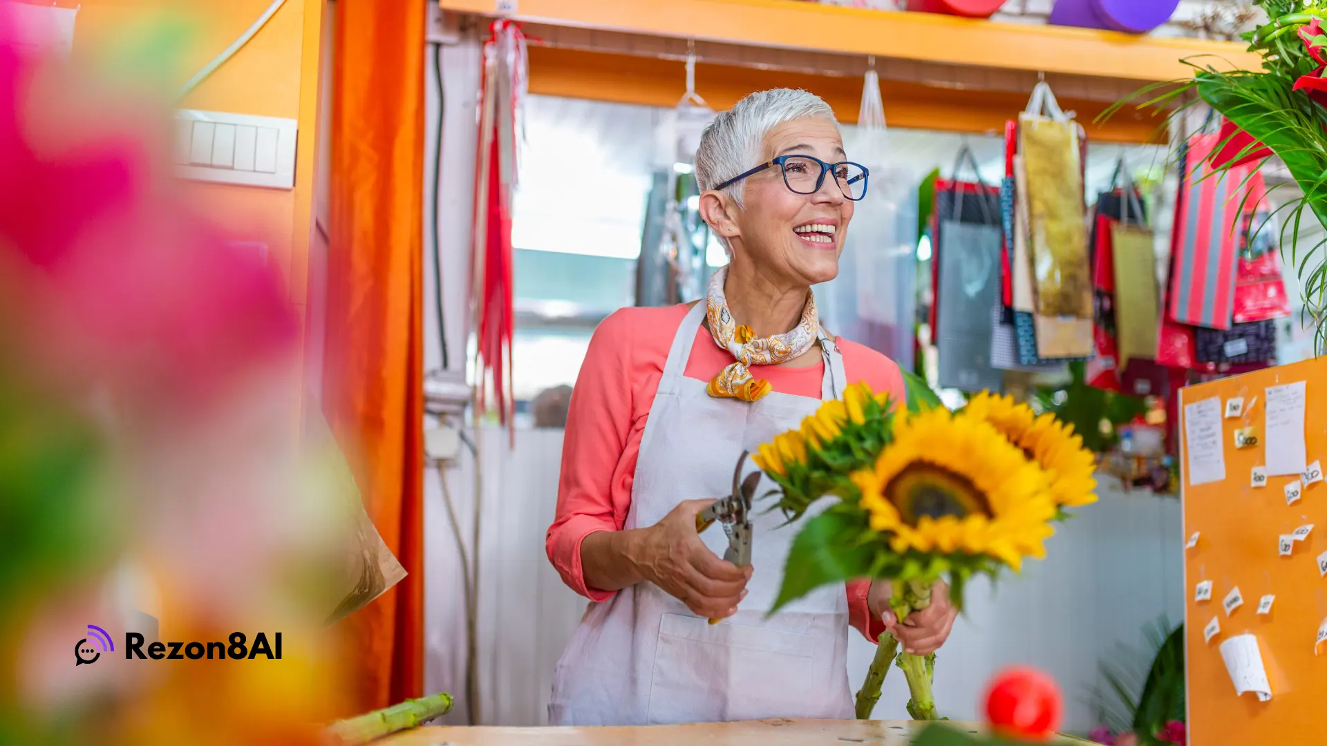 Shopkeeper smiling and chatting with a customer off-screen