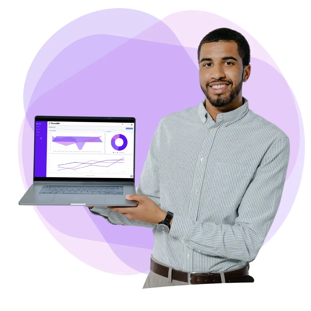 Dashboard presenter holding laptop